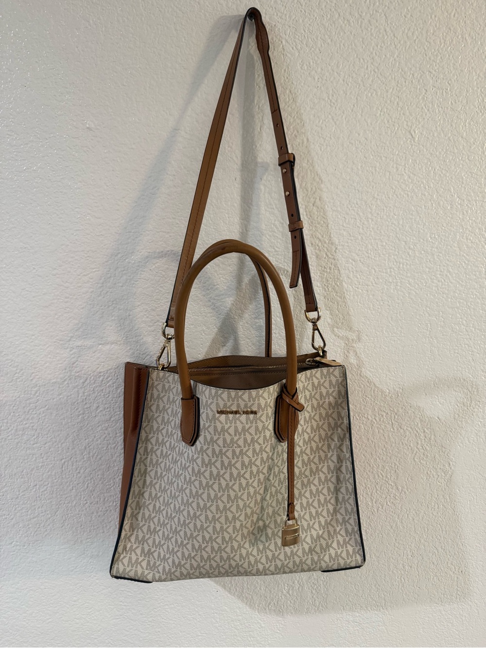 Michael Kors Beige Signature MK Monogram Tote with Brown Trim